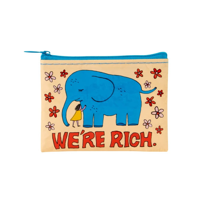 Canvas pouch from Blue Q, designed with a blue elephant and red flowers, crafted from recycled material and featuring the phrase &quot;we&#39;re rich&quot; - BLUE Q COIN PURSE WE&#39;RE RICH from Blue Q