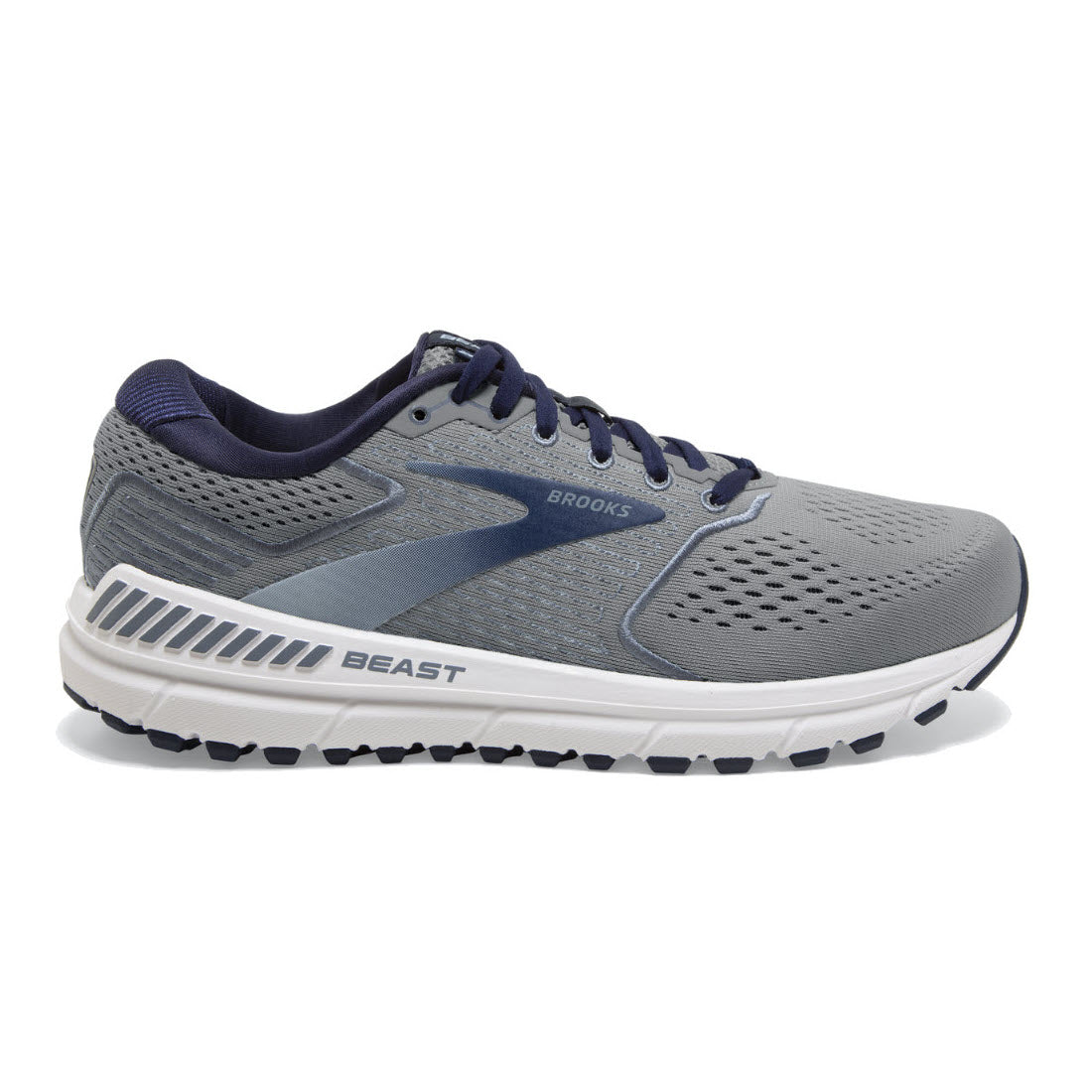 A BROOKS BEAST 20 BLUE/GREY - MENS men&#39;s running shoe, featuring a breathable mesh upper and BioMoGo DNA midsole.