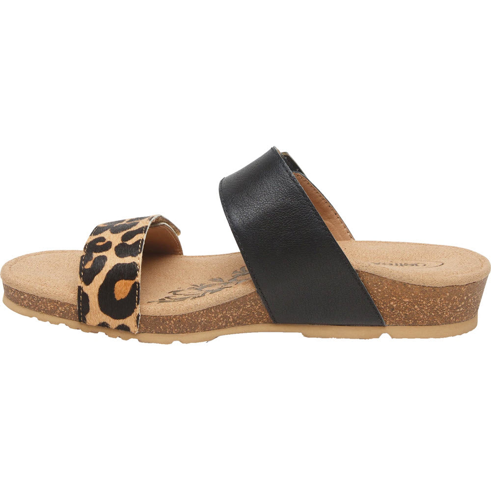 Women&#39;s Aetrex DAISY LEOPARD leather slide sandal with cork sole and a leopard print strap.