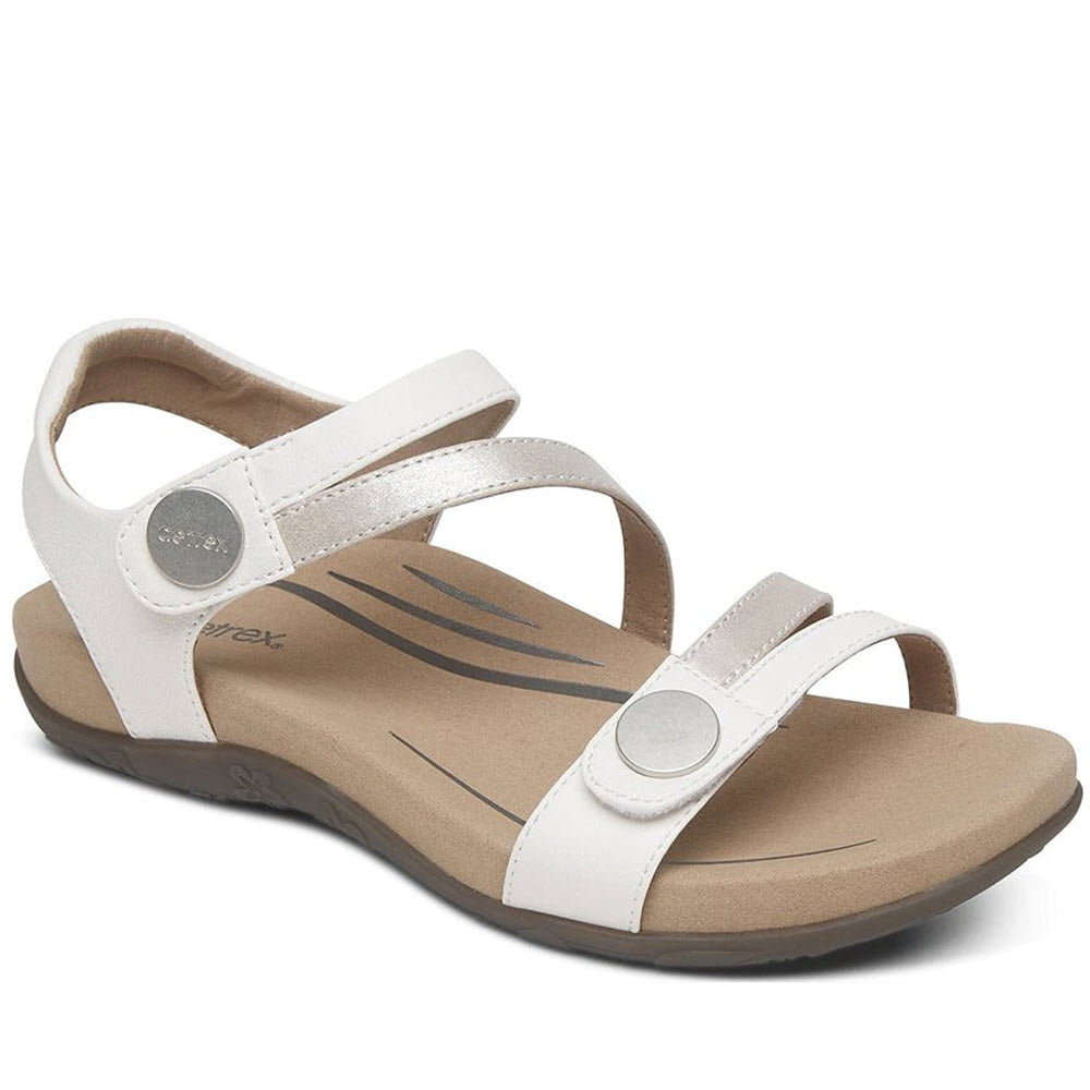 Aetrex Jess White women&#39;s sandal with an adjustable velcro closure.