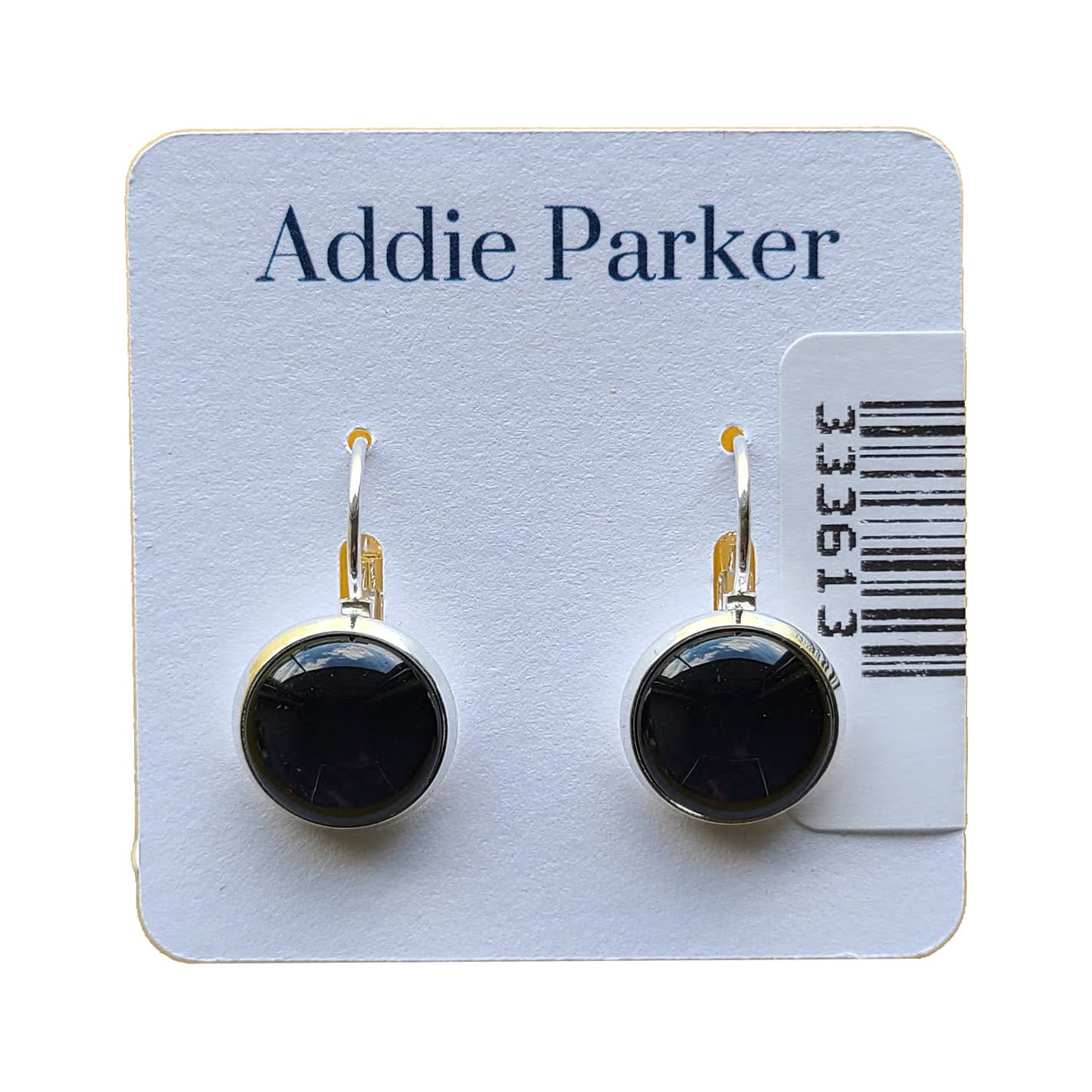 A pair of round black, nickel free Addie Parker earrings displayed on a white card with the name "Addie Parker" printed at the top.