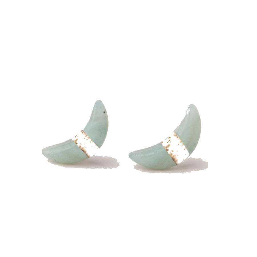 Pair of SCOUT CRESCENT MOON EARRINGS AMAZONITE with 14K gold bands on a white background.