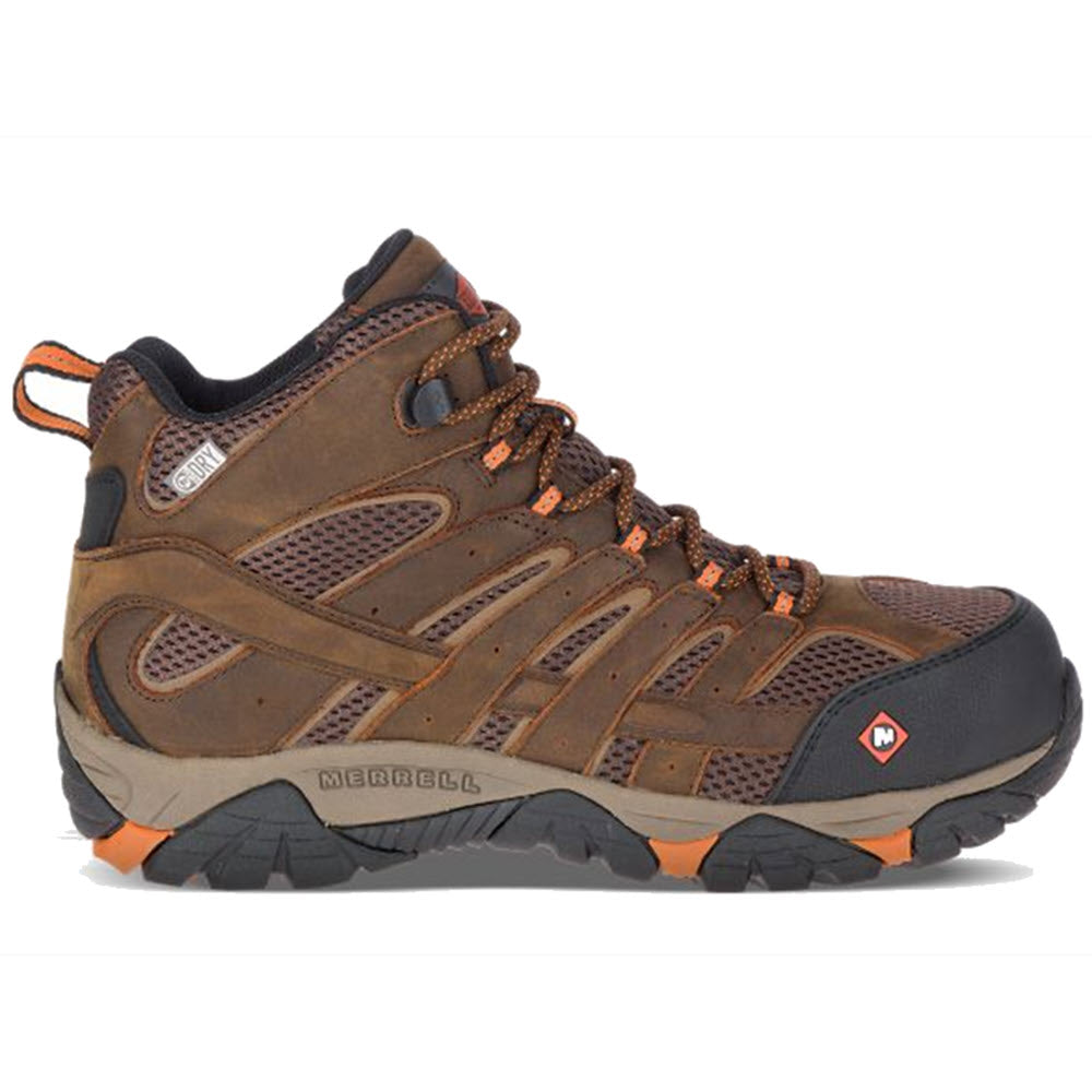 Brown and black Merrell MOAB VERTEX MID COMP TOE WP WIDE CLAY hiking boot with orange laces and a Merrell COMFORTBASE™ rubberized EVA midsole, on a white background.