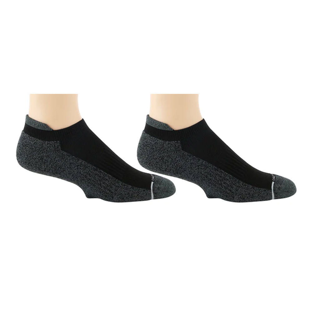 A pair of Dr. Motion ankle socks compression mens black displayed on mannequin feet against a white background.