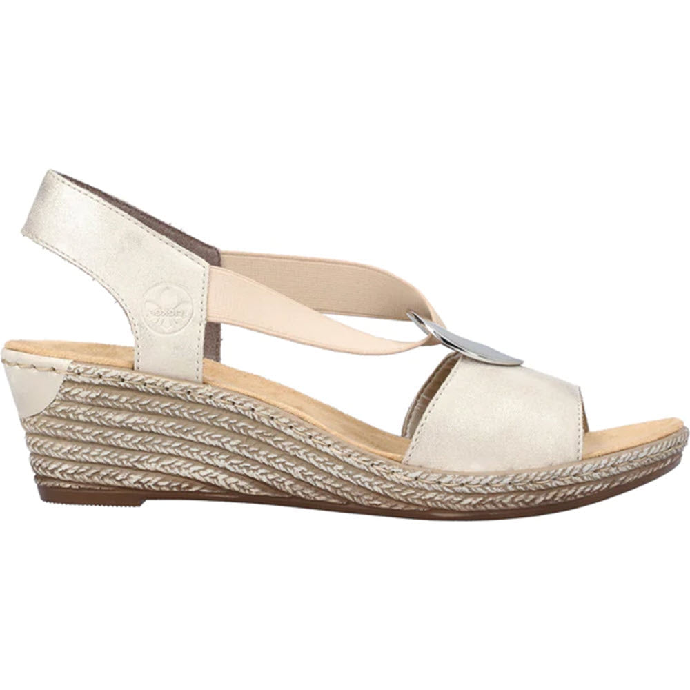 A Rieker women's leather backstrap sandal with a rope-like sole and a metallic toe strap.