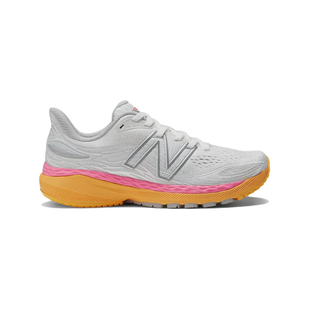 A New Balance 860v12 stability running shoe in white with orange and pink accents and the brand's logo on the side.