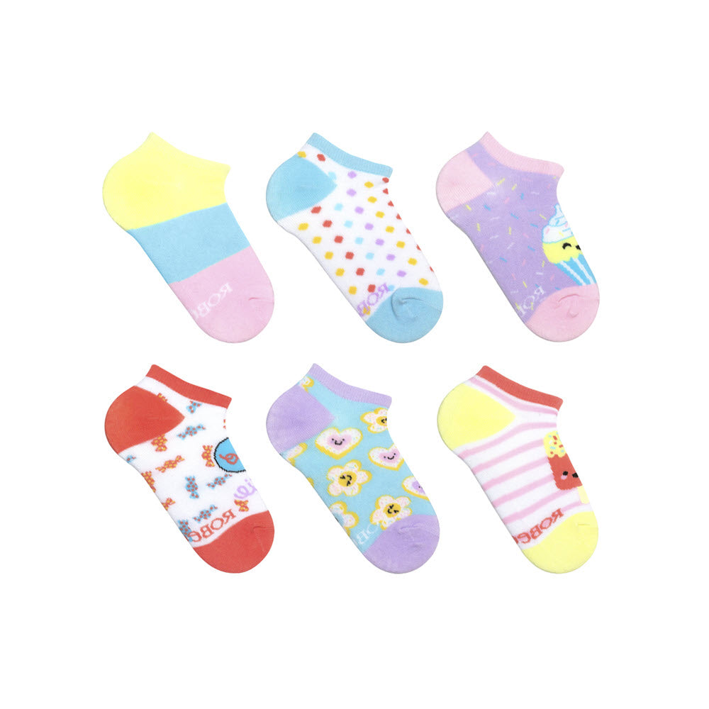A collection of six Robeez NO SHOW 6PK SWEET TREATS kid socks with various dessert-themed patterns and designs on a white background.