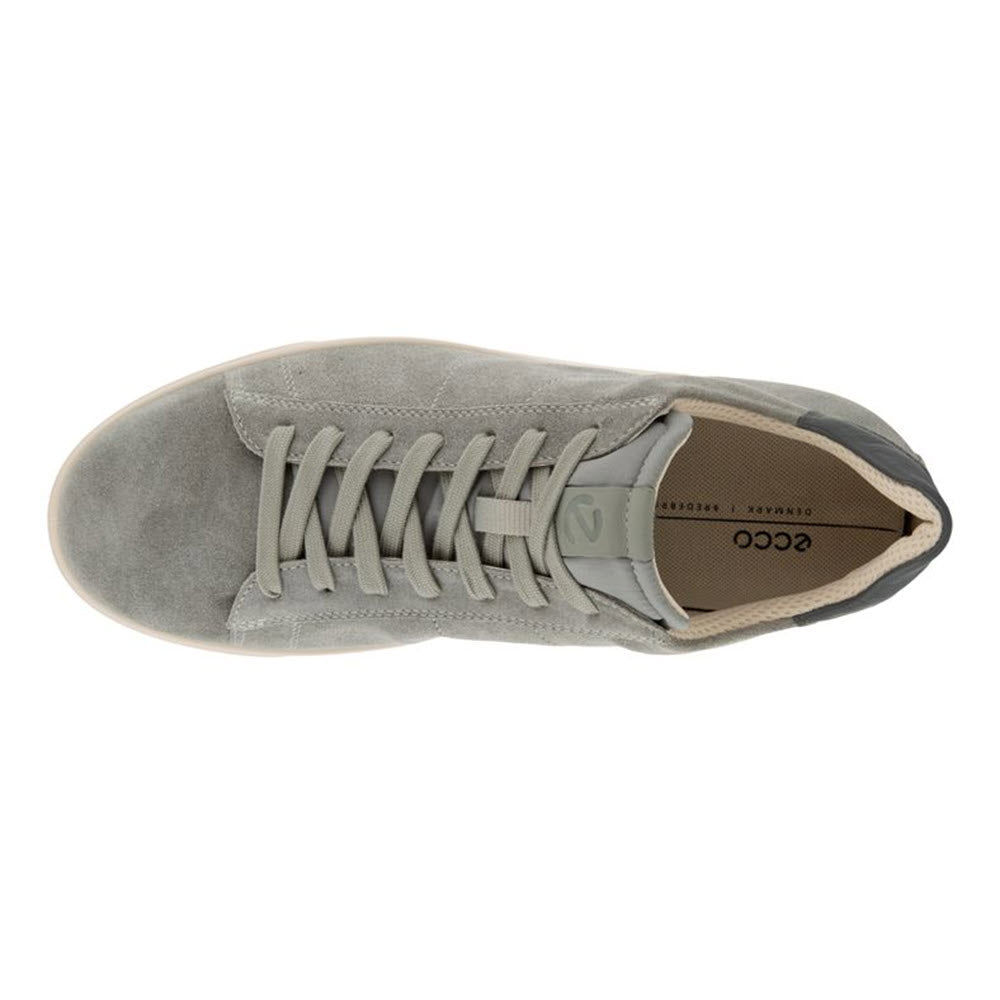 Top-down view of a gray suede Ecco Street Lite Retro sneaker with laces.