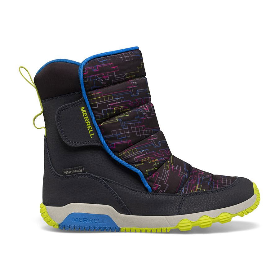 Black and blue Merrell Free Roam Puffer Waterproof Carbon - Kids winter boot with colorful geometric patterns on the upper part, featuring warming insulation, and a yellow and blue sole.