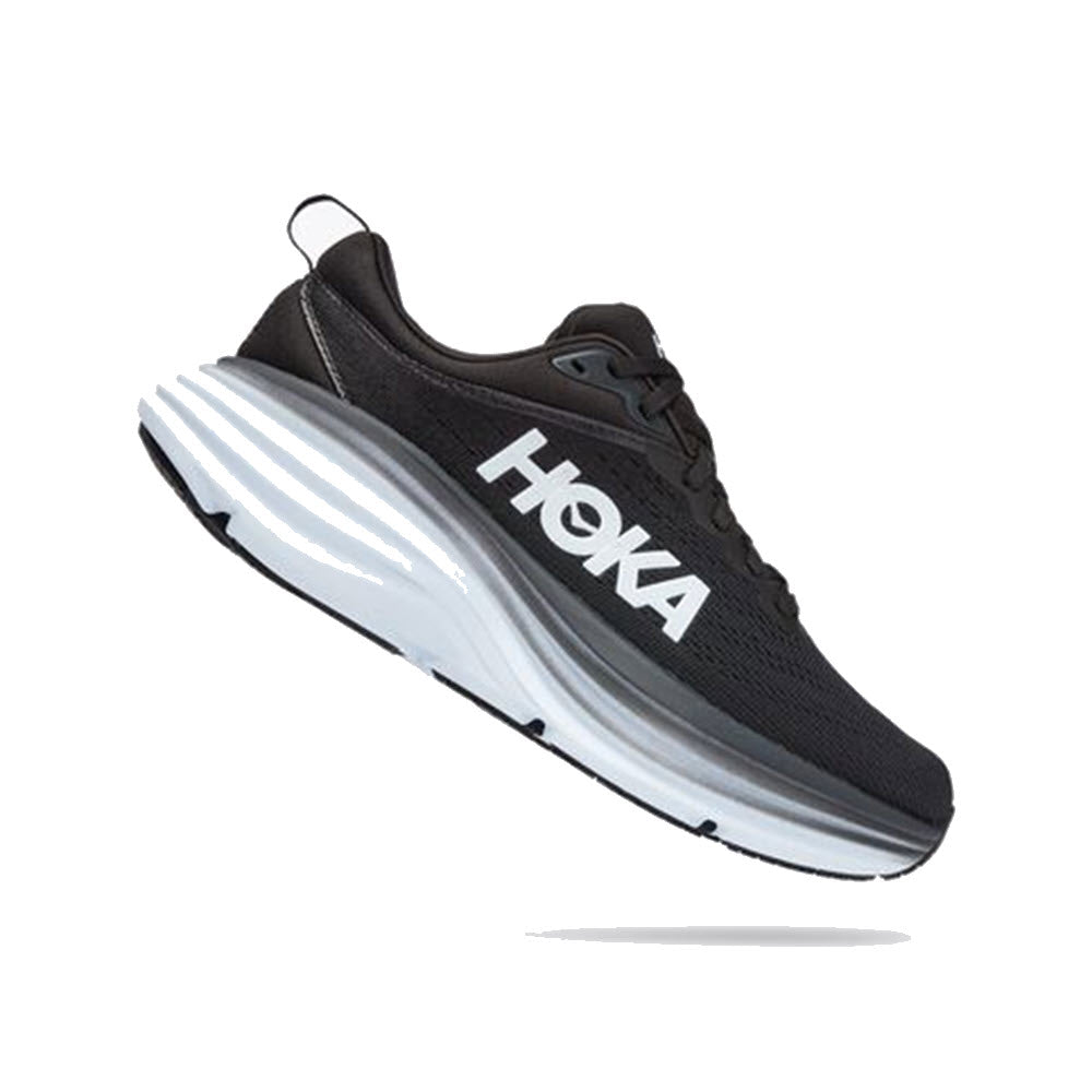 Black and white Hoka Bondi 8 neutral running shoe against a white background.