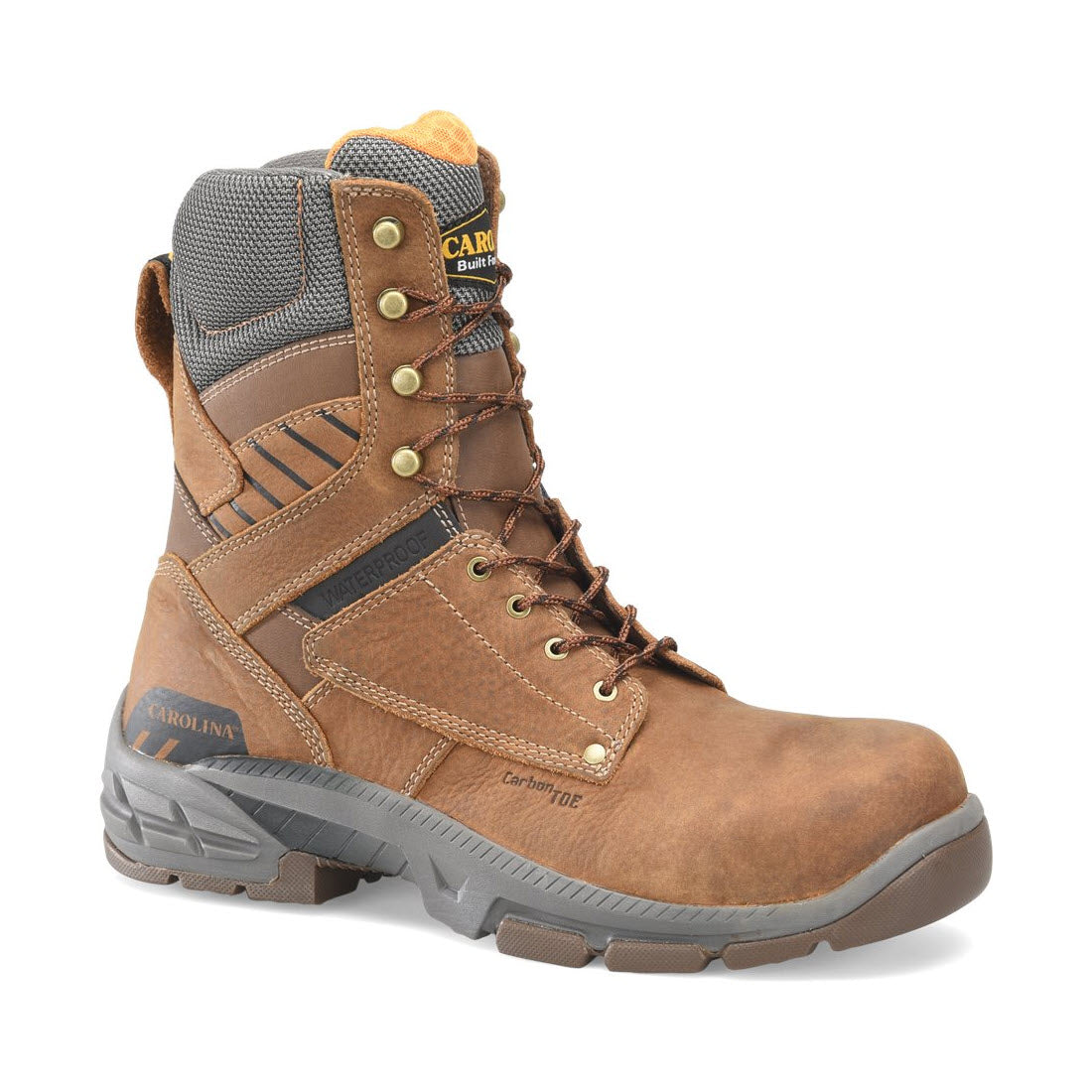 Carolina 8" Composite Toe Duke Brown - Men's waterproof leather work boot with laces on a white background, featuring a Carbon Composite Safety Toe that meets ASTM Standards.