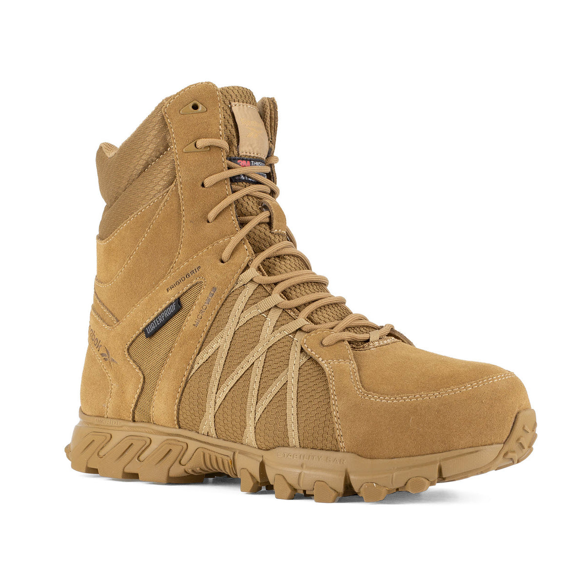 A tan Reebok Work CT Trailgrip Tactical Zip WP boot with a composite toe isolated on a white background.