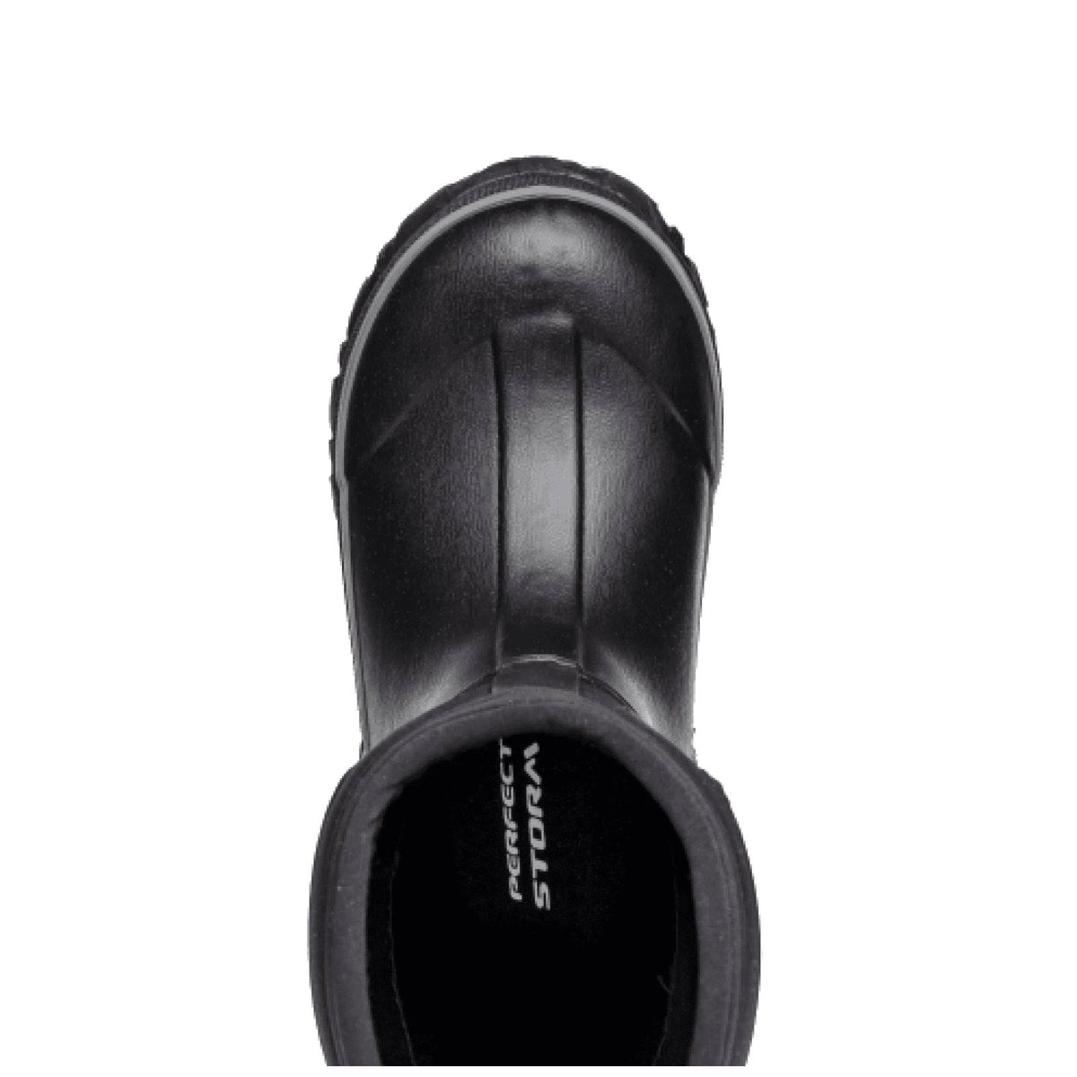 Perfect Storm black sandal featuring a non-slip outsole, viewed from above on a white background.