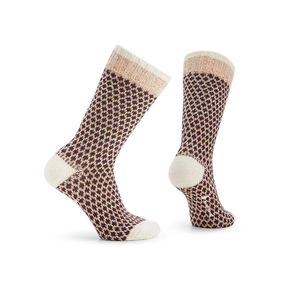 A pair of Smartwool Popcorn Polka Dot Acorn patterned socks standing upright against a white background.