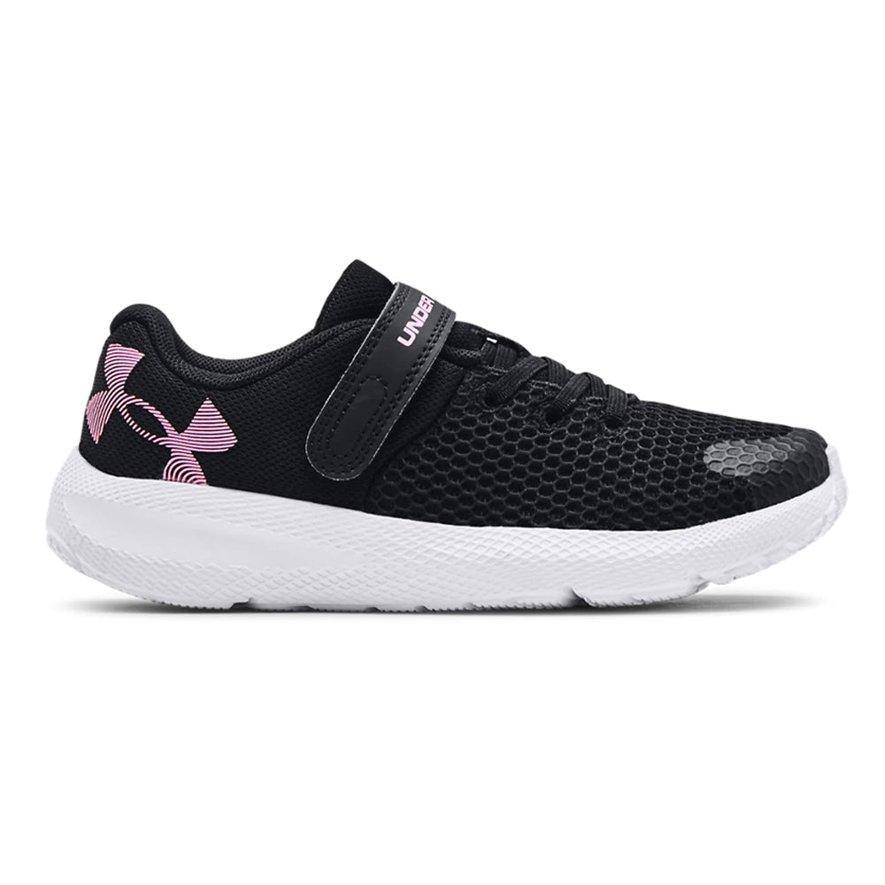 A black and white Under Armour Pursuit 2 AC kids shoe with a patterned design and pink accents.