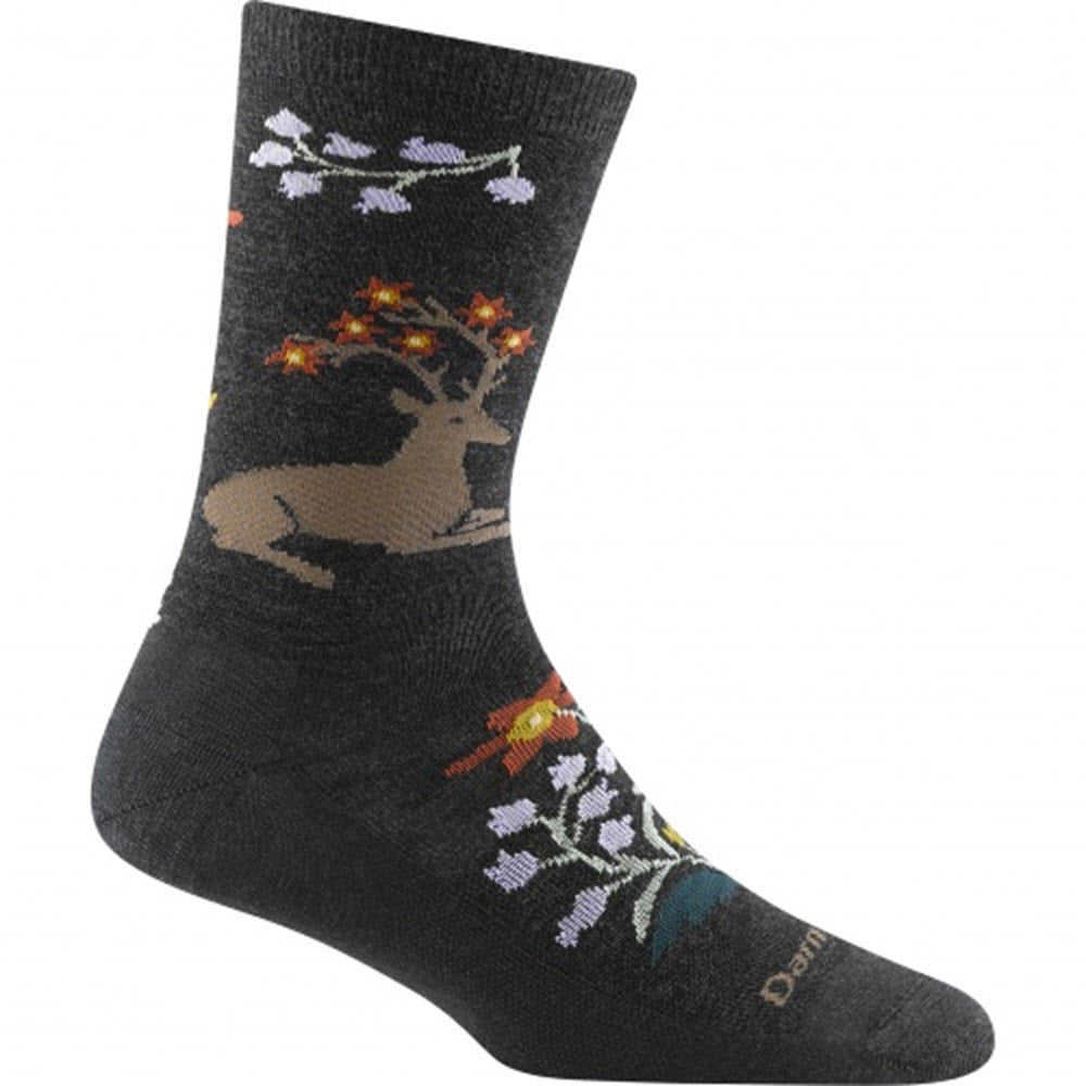 A lightweight sock with a deer and floral pattern design - Darn Tough Fable Crew Socks Charcoal