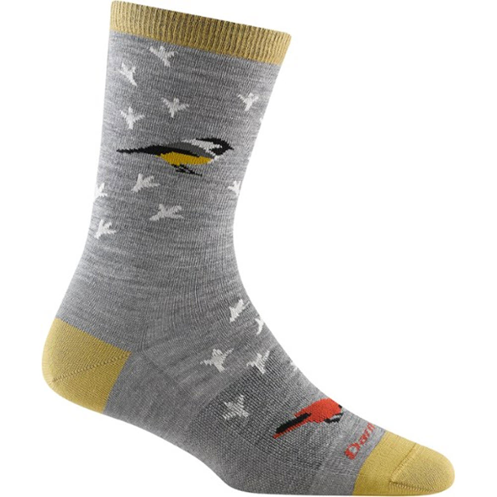 A gray Darn Tough Twitterpated Crew sock featuring Vermont local birds patterns and contrasting yellow toe and ankle sections, designed as women's crew socks.