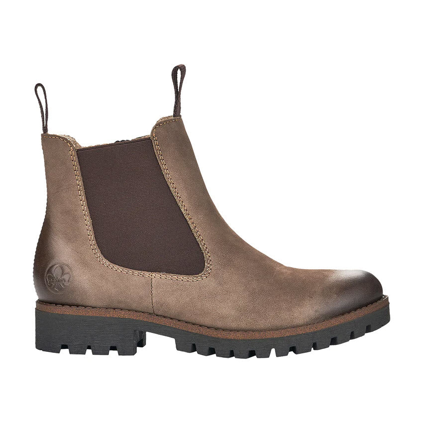 Side view of a brown Rieker RIEKER LUG SOLE CHELSEA WITH ZIP MUD - WOMENS women&#39;s leather ankle boot with elastic side panel and treaded sole.