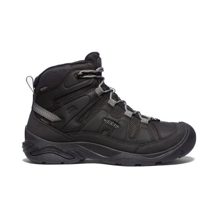 Side view of a single black Keen hiking boot with gray accents, featuring insulated waterproof labels and laces.