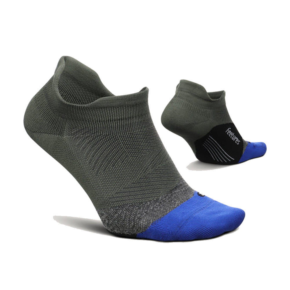 A pair of Feetures Elite Ultra Light No Show Tab Moss Green athletic socks with Targeted Compression, featuring gray, black, and blue coloring displayed against a white background.