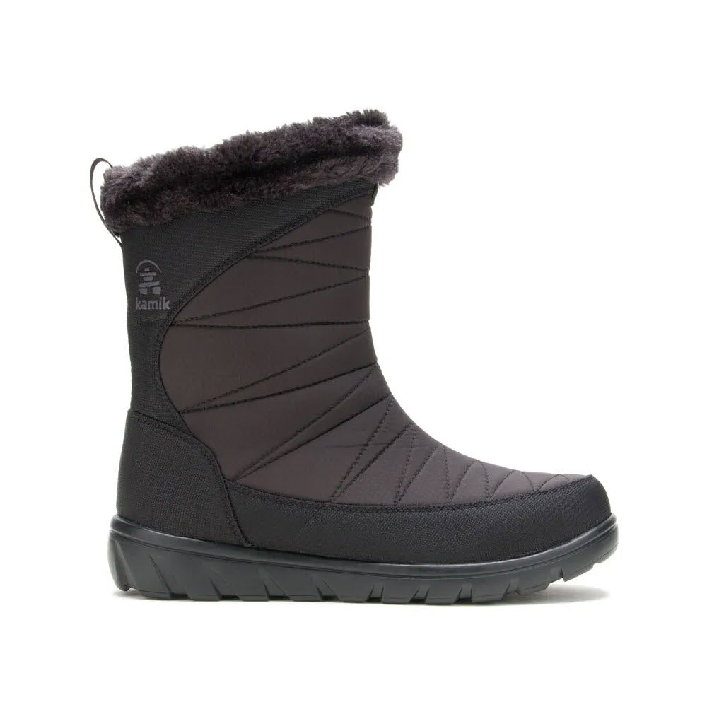 A black Kamik Hannah Zip Medium Black winter boot with insulated lining and waterproof construction, displayed against a white background.