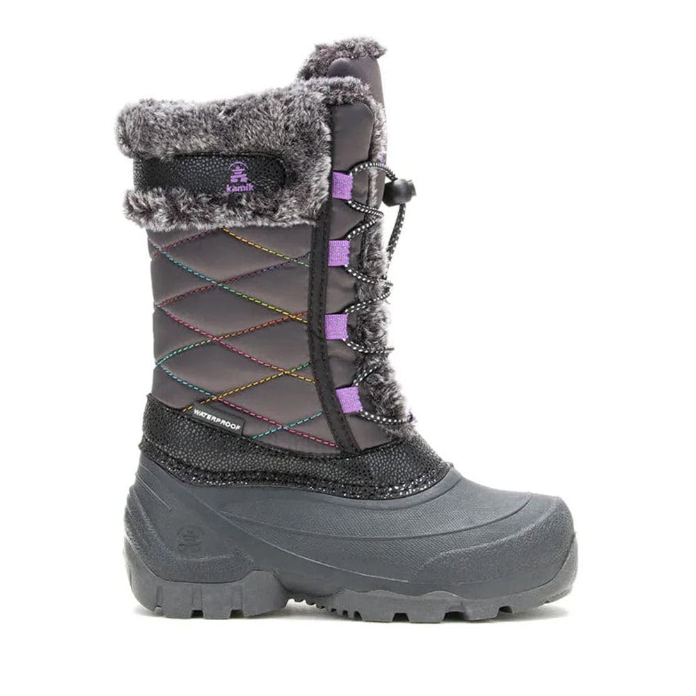 A Kamik winter boot with a purple faux fur collar, multicolored lace details, and a thick rubber sole featuring high-performance traction, isolated on a white background.