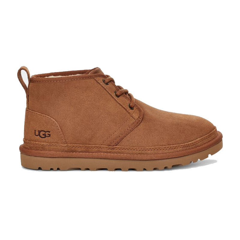 A single brown suede Ugg Neumel chukka boot with laces and a Treadlite by UGG rubber sole.