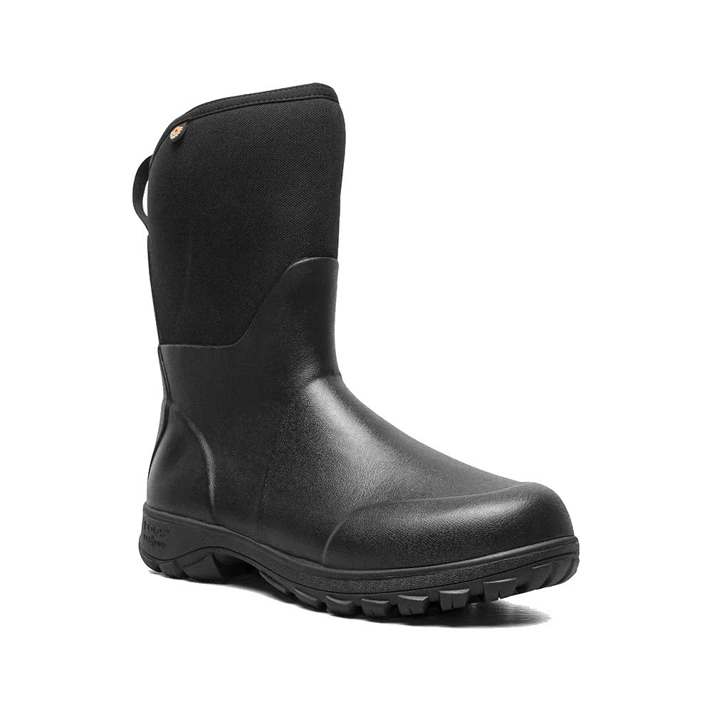 Black leather waterproof Bogs Sauvie Basin work boot with a rounded toe, mid-calf height, and a chunky sole, isolated on a white background.