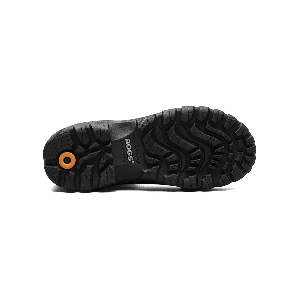 Sole of a black waterproof Bogs Sauvie Basin Boot with distinct tread pattern and orange brand logo.