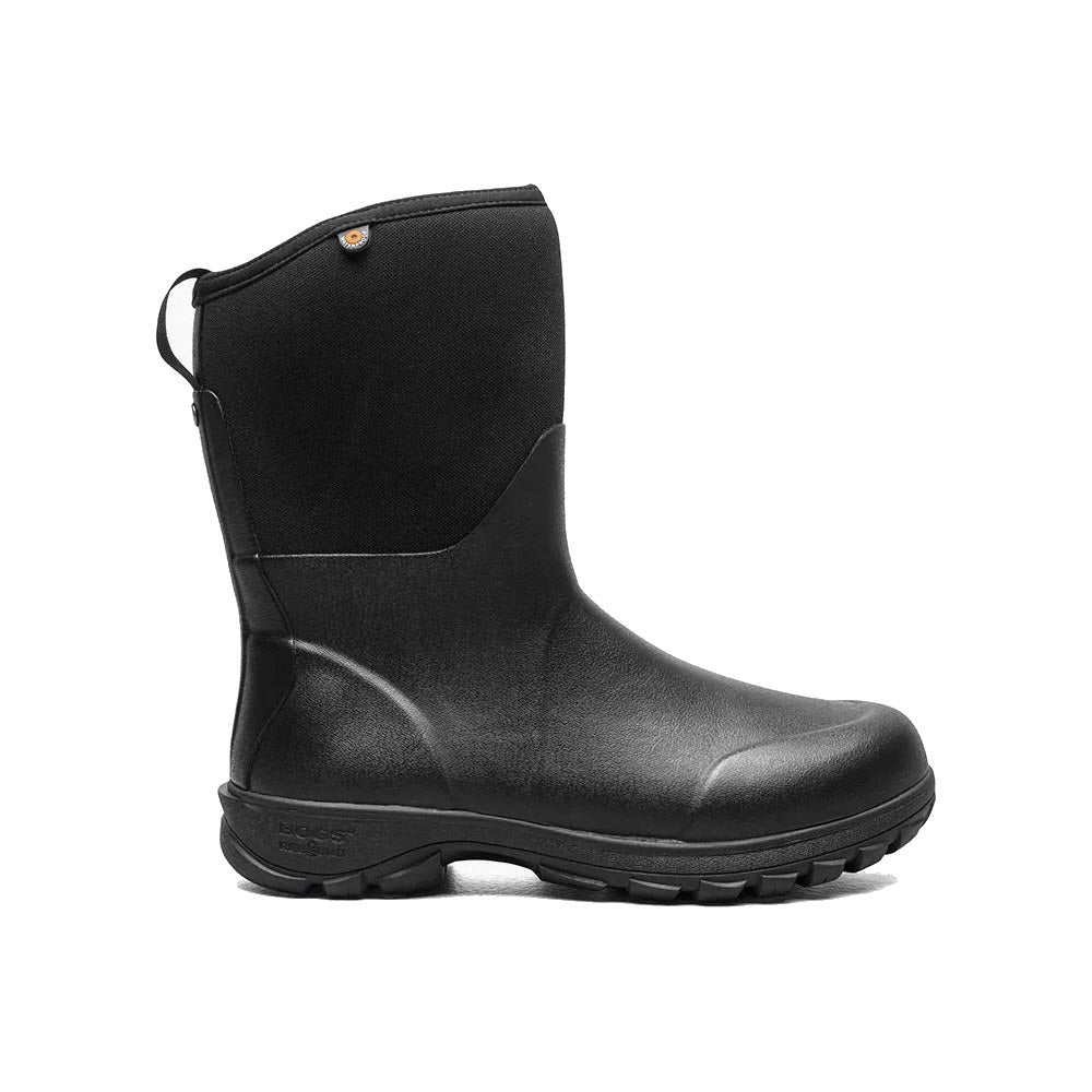 Black industrial safety boot with a reinforced toe and a small pull tab on the rear, waterproof BOGS SAUVIE BASIN BOOT BLACK - MENS, isolated on a white background.