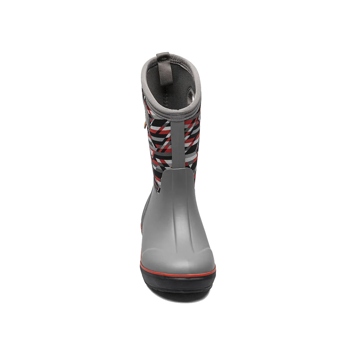 A single Bogs Classic II Mountain Geo Gray Multi boot with a red and black striped waterproof insulation side panel on a white background.