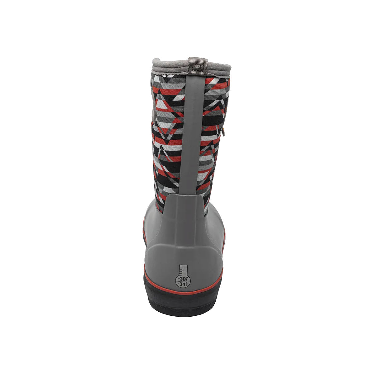 Back view of a gray rubber boot with red, black, and white zigzag patterned laces, featuring a red stripe on the sole and a logo on the heel. This Bogs Kids Classic II Mountain Geo Gray Multi - Kids.