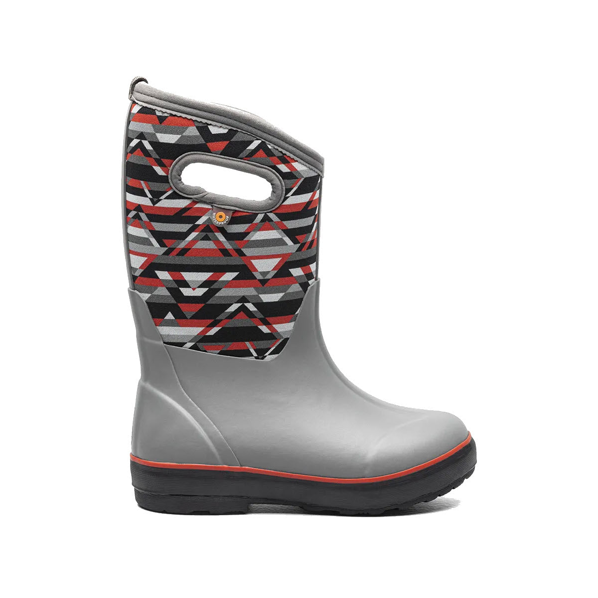 Bogs Classic II Mountain Geo Gray Multi - Kids with a patterned upper design featuring red, black, and white geometric shapes and equipped with Neo-Tech waterproof insulation, plus a handle at the top.