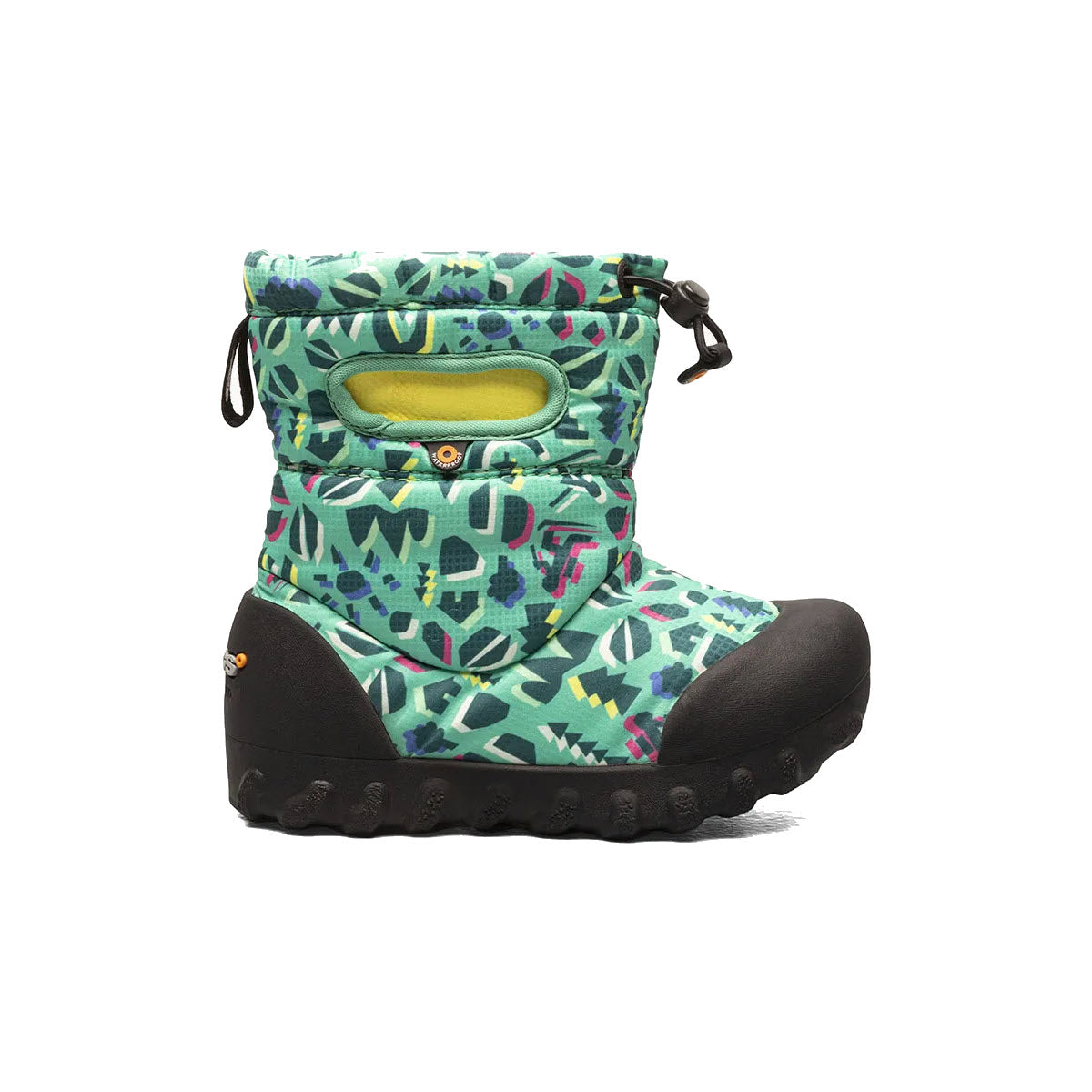 A colorful patterned Bogs B-MOC Snow boot with a thick black sole and yellow loop on the back, isolated on a white background.