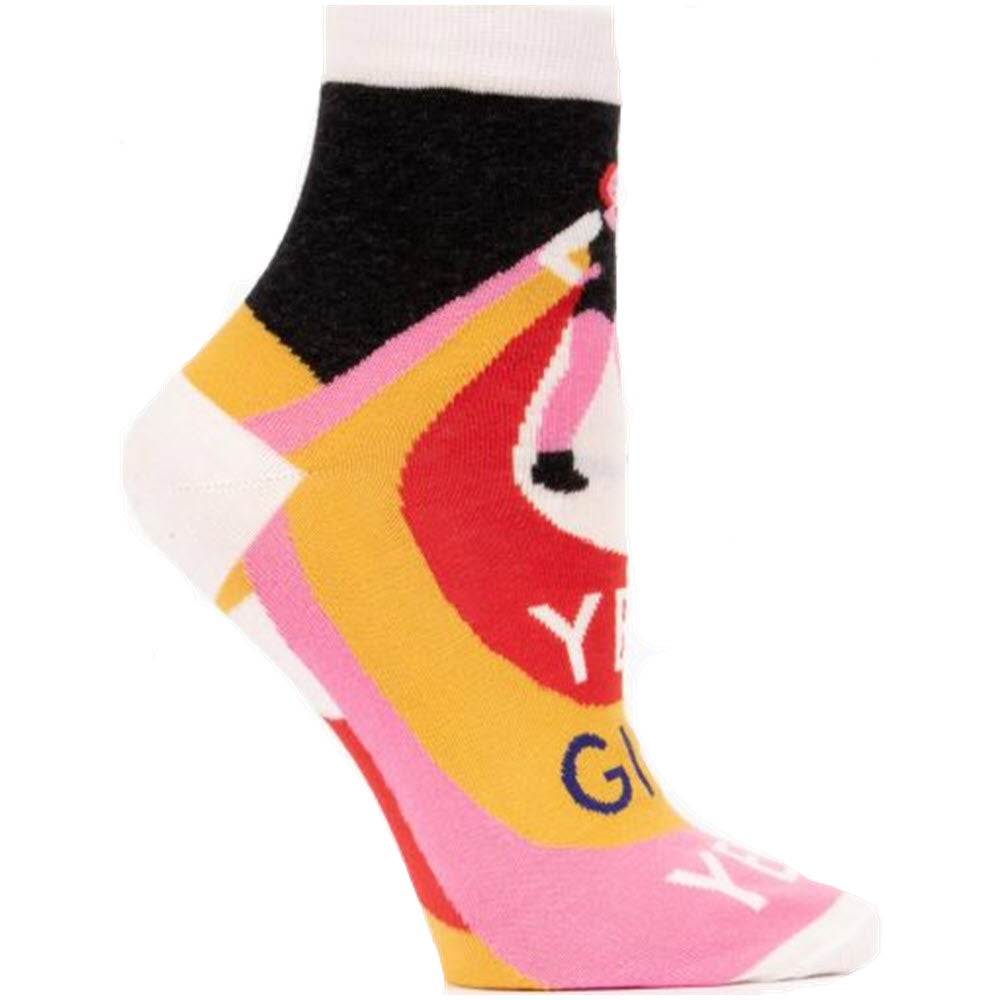 A colorful, graphic-print Blue Q Ankle Socks Yes Girl Yes designed for women's shoe size 5-10.
