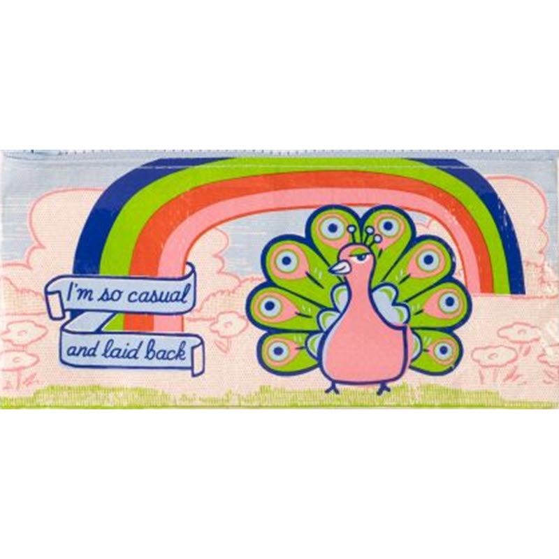 A Blue Q pencil case with a peacock illustration and the phrase "i'm so casual and laid back" next to a stylized rainbow.