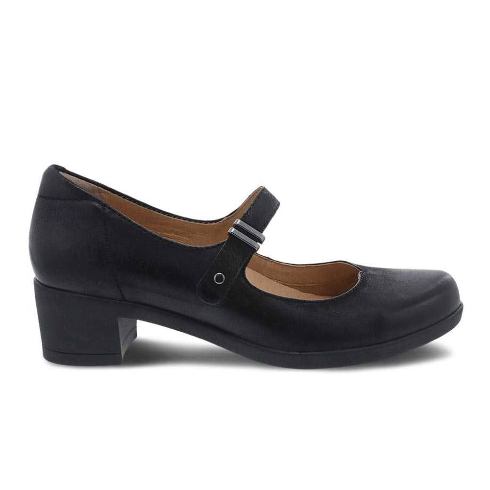 A black Dansko Callista Black Burnished mary jane style shoe with a low heel, strap closure, and leather uppers.