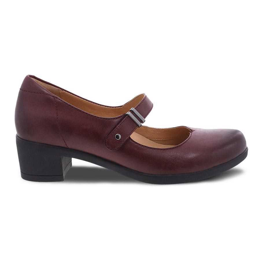 A single burgundy Dansko Callista Wine Burnished Mary Jane heel with a strap across the top and a block heel, featuring leather uppers, isolated on a white background.