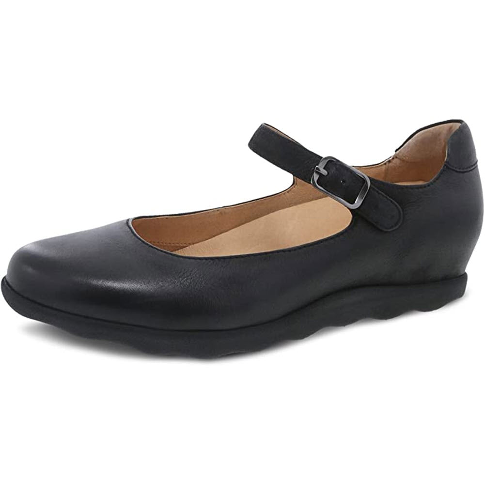 Black Dansko Marcella Mary Jane-style flat shoe with buckle strap. 
Product Name: DANSKO MARCELLA BLACK BURNISHED - WOMENS
Brand Name: Dansko