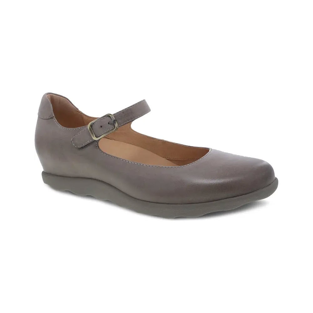 Gray women&#39;s Mary Jane shoe with a buckle strap and a Dansko Marcella hidden wedge heel.
- Dansko Marcella Taupe Burnished - Womens