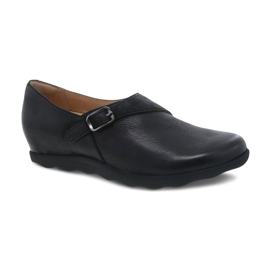 Dansko Marisa black burnished mary jane shoe with a single buckle strap.