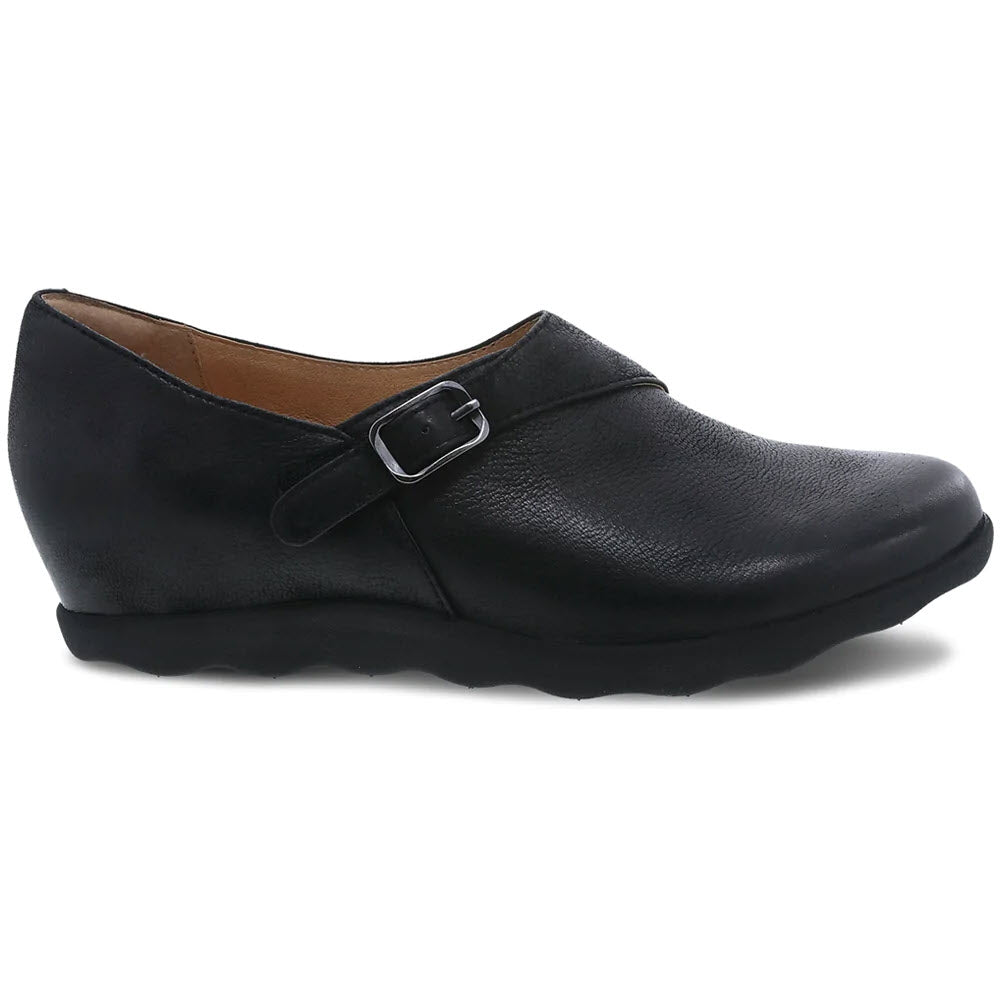 Dansko Marisa black burnished wedge shoe with a buckle detail and a memory foam footbed.
