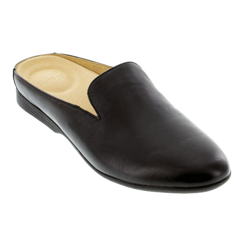 A black leather Dansko Lexie slip-on shoe isolated on a white background.