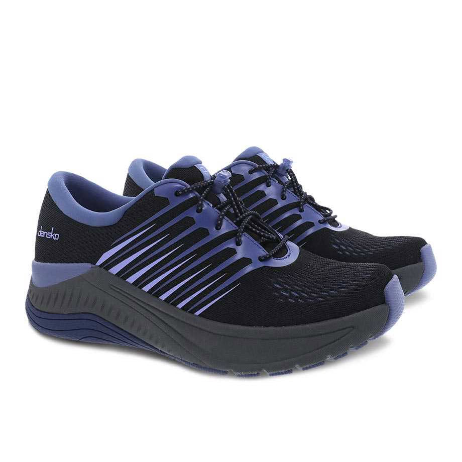 A pair of Dansko Penni Black Mesh athletic shoes with a modern design, featuring a bungee lacing system on a white background.