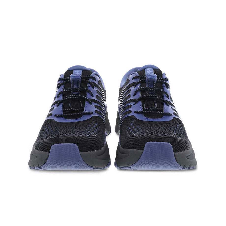 A front view of a pair of Dansko Penni black mesh women&#39;s sports shoes with a lightweight cushioned EVA midsole.