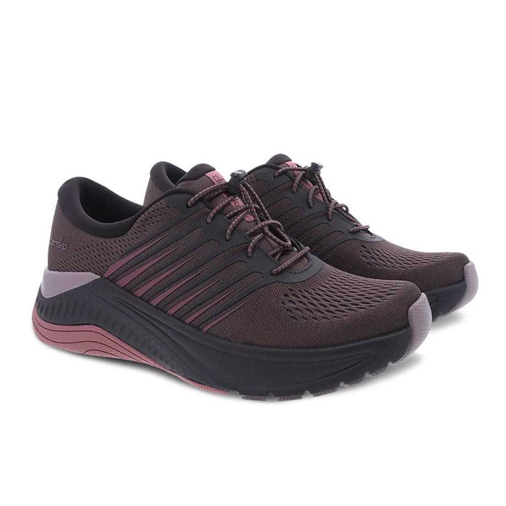 A pair of DANSKO PENNI RAISIN MESH athletic shoes with accent stripes features a lightweight cushioned EVA midsole.