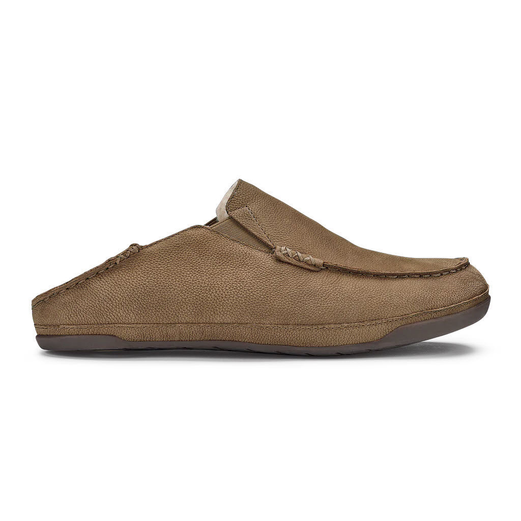 Olukai nubuck leather slip-on casual shoe against a white background.