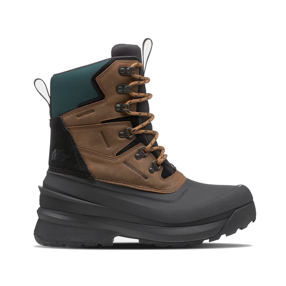 Winter boot with North Face Chilkat V Toasted Brown Mens leather upper, green fabric collar, black waterproof lower, and thick rubber sole featuring Heatseeker Eco insulation, isolated on a white background.