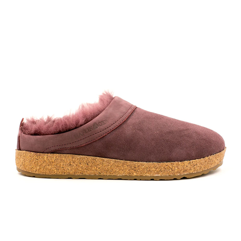 A single brown suede Haflingers Snowbird Mauve clog with a cork footbed and fluffy shearling upper lining, isolated on a white background.