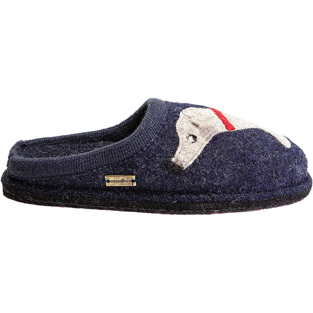 A Haflingers Doggy Captains Blue boiled wool slipper with a white dog face design and a small brand label on the side.